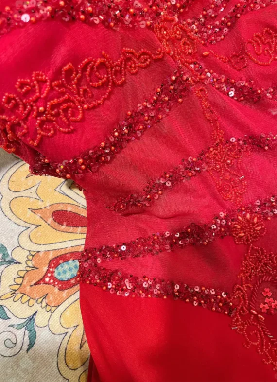 Charming Red Spaghetti Straps Chiffon Sequin Beaded Mermaid Evening Dress Long Wedding Guesrt Dress - View 3 | VelvetHem