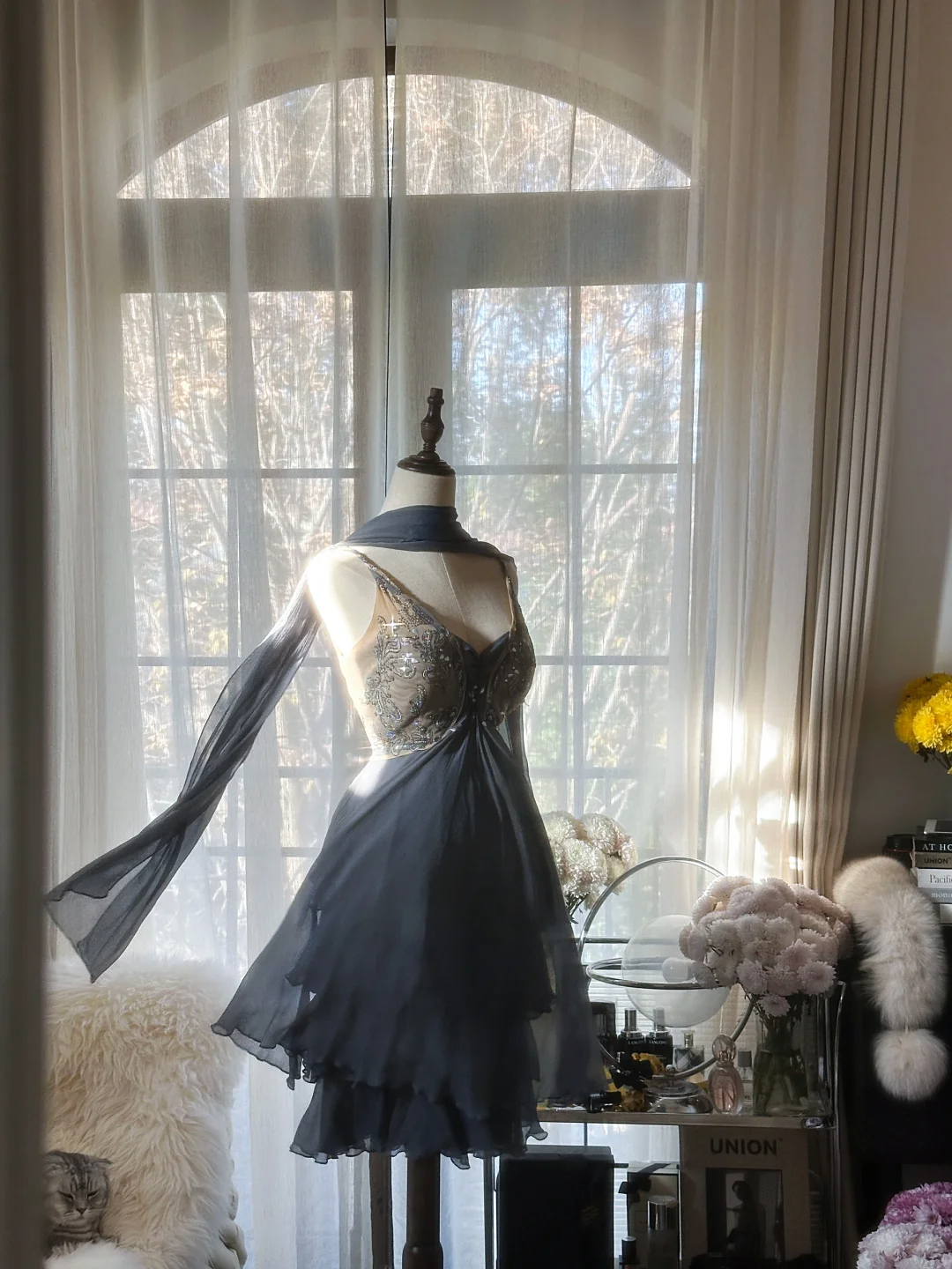 Stylish Spaghetti Straps V Neck Chiffon Sequin Cocktail Dress Blue Short Birthday Outfits Homecoming Dress - View 5 | VelvetHem