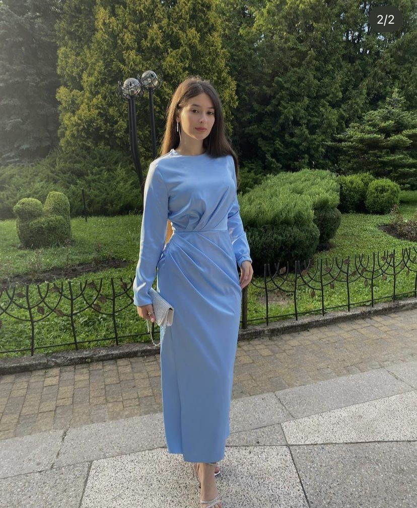 Modest Blue Column Prom Dress with Long Sleeves - VelvetHem