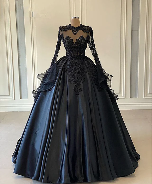 Puffy Ball Gown Women Long Sleeve Evening Dress Black Lace Twill Satin Beaded Dubai Style Formal Prom Dresses - VelvetHem
