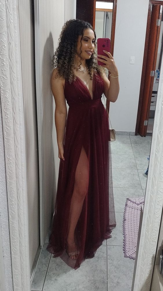 Burgundy Long Prom Dress with Slit,V Neck Formal Dress - VelvetHem