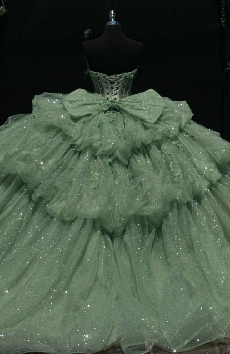 Fairy Green Tulle Sequins Appliques Quinceanera Dress Strapless Ball Gown With Bow - View 2 | VelvetHem