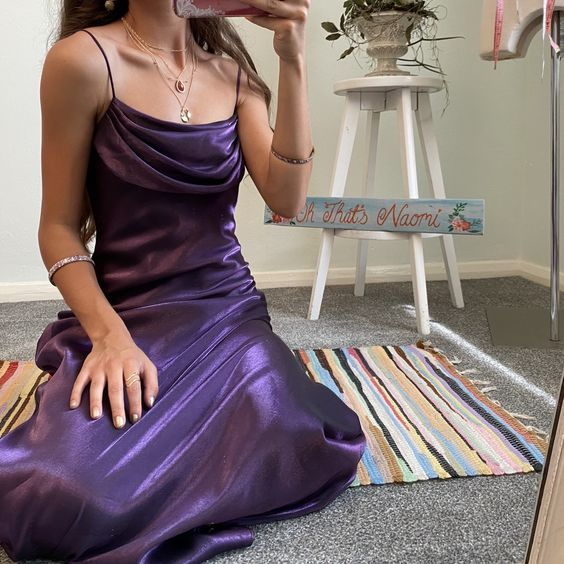 Spaghetti Straps Fashion Purple Satin A Line Long Party Dress Formal Wedding Guest Dress Bridesmaid Dress