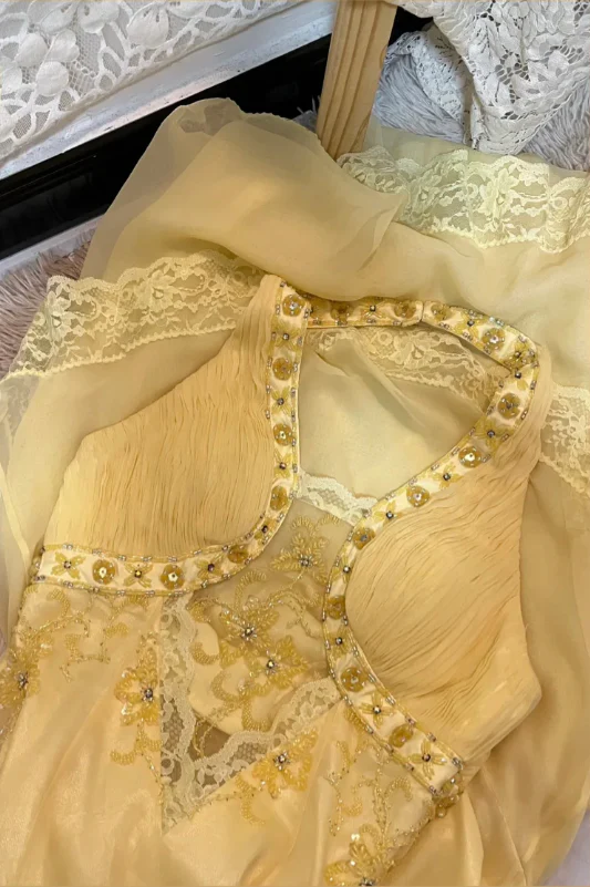 Classy Halter Yellow Lace Chiffon Beaded Mermaid Long Evening Gown Party Dress - View 4 | VelvetHem