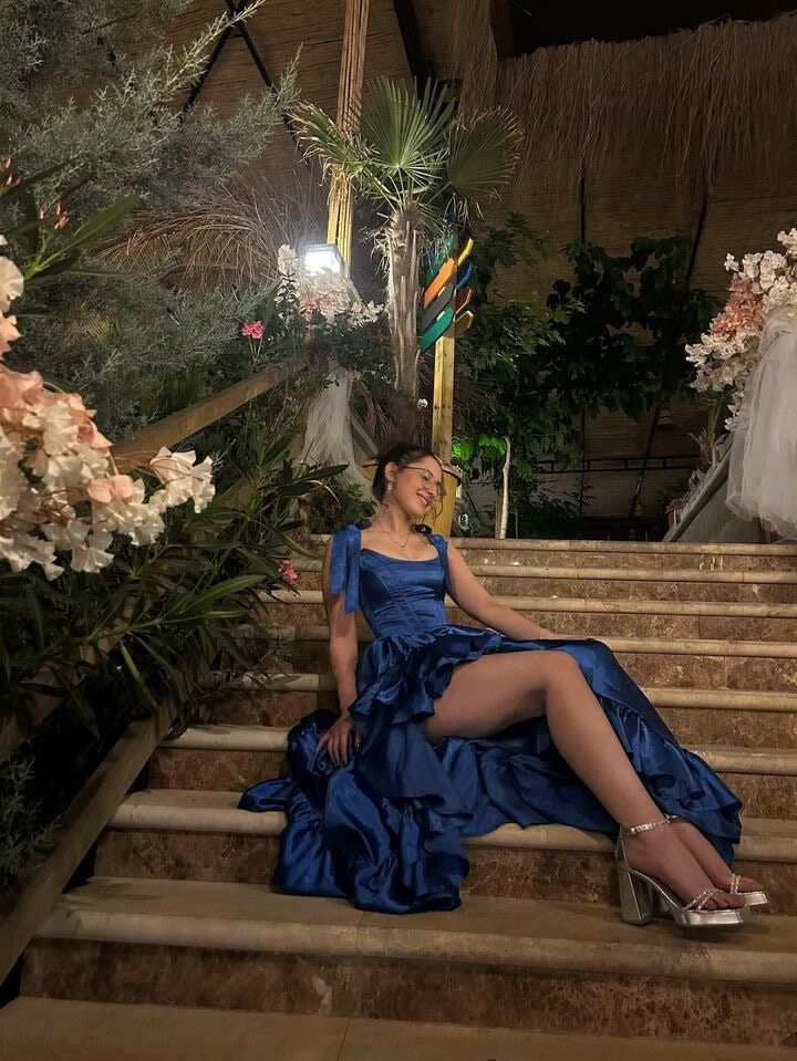 Elegant Blue Slit Ruffles Party Dress A Line Prom Evening Gown - View 2 | VelvetHem