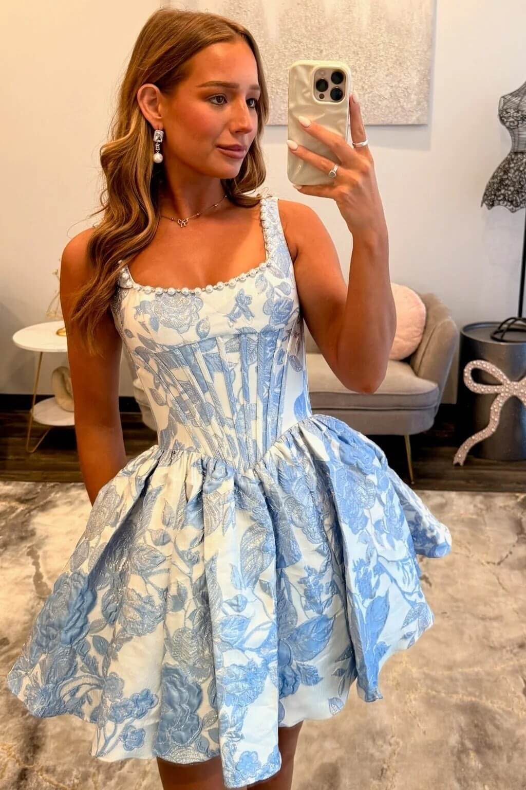Pink Floral Pearl-Trimmed Basque Waist Short Homecoming Dress
