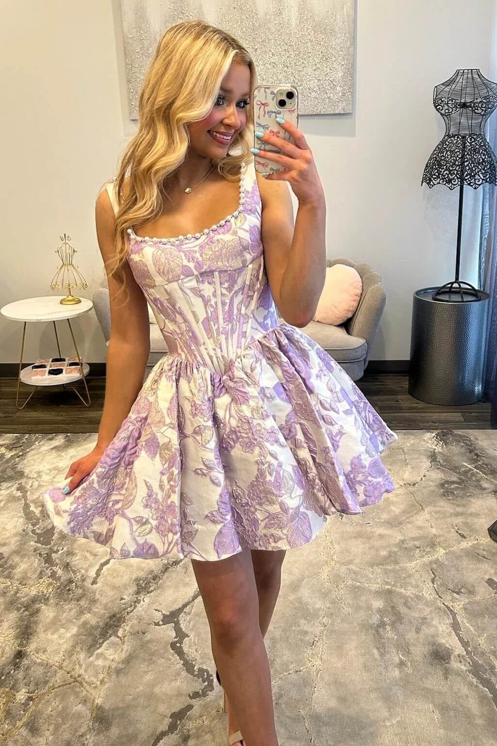 Pink Floral Pearl-Trimmed Basque Waist Short Homecoming Dress