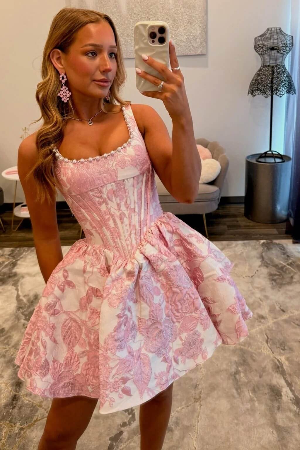 Pink Floral Pearl-Trimmed Basque Waist Short Homecoming Dress