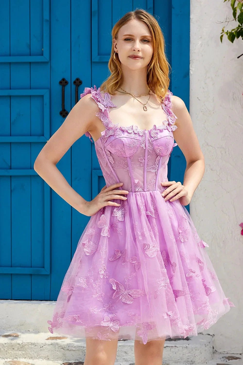 Cute A Line Corset Short Purple Homecoming Dress with Appliques by WEDTREND