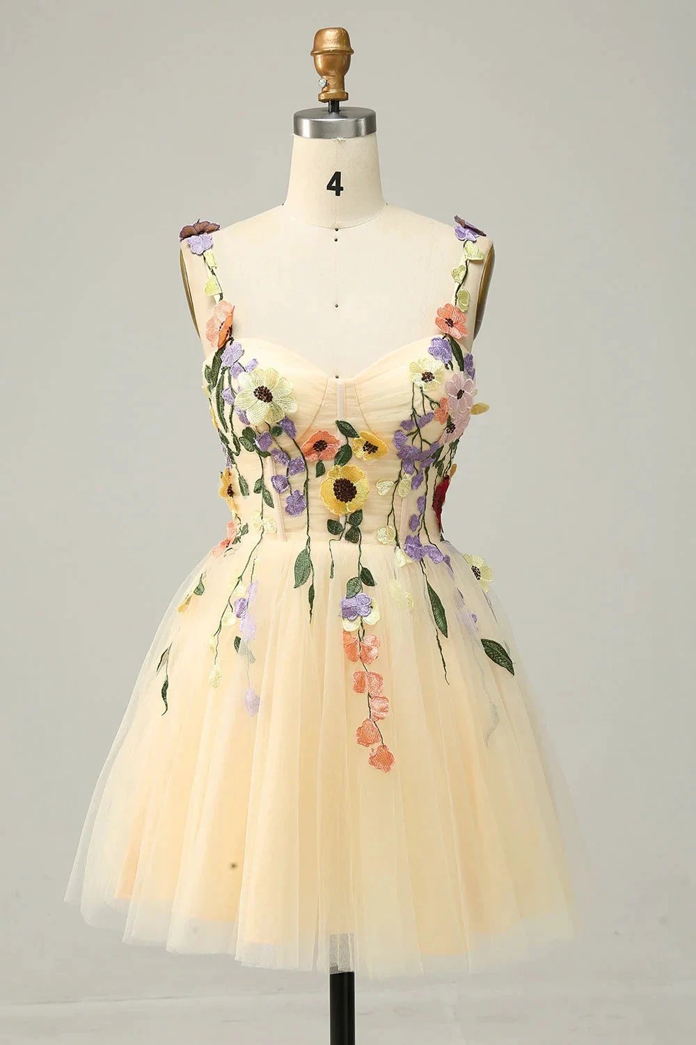 Champagne A Line Spaghetti Straps Short Homecoming Dress with Appliques by WEDTREND
