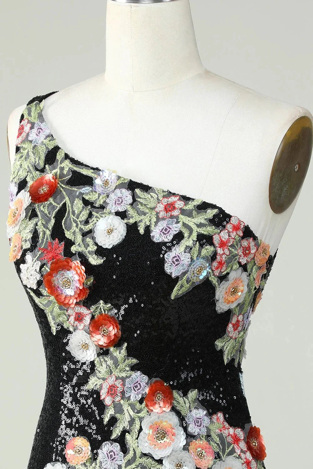 Bodycon One Shoulder Black Sequin Beading Homecoming Dress with 3d Flowers (ZD11539)