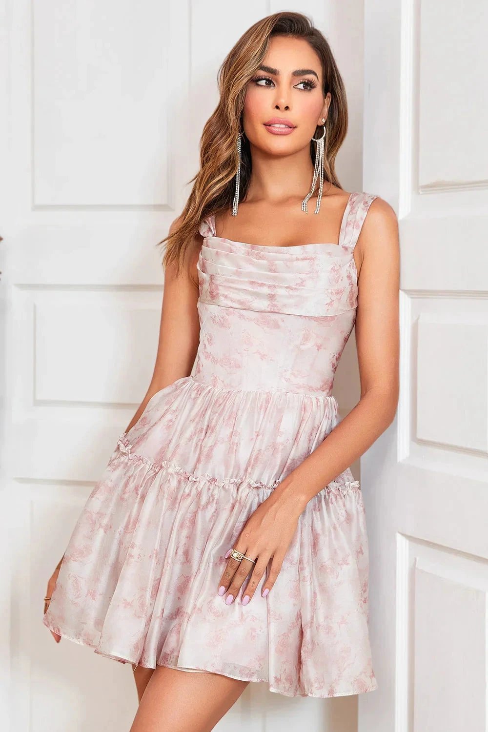 Cute Blush A Line Off The Shoulder Corset Pleated Unique Print Homecoming Dress with Ruffles by WEDTREND