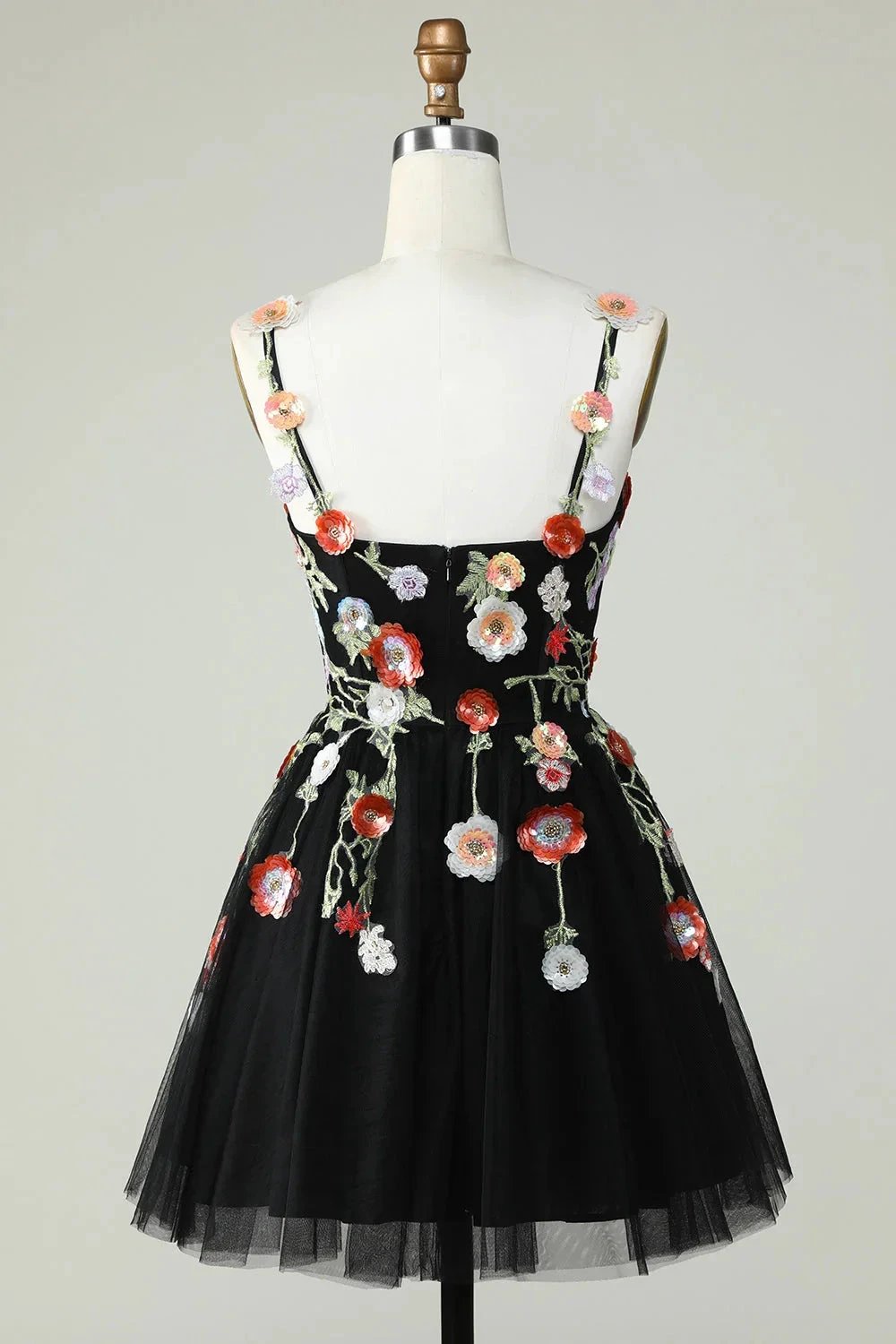 Black A Line Spaghetti Straps Sequin Homecoming Dress with Flowers (ZD11569)