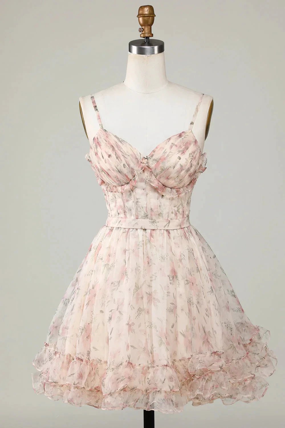 Champagne A-Line Corset Floral Short Homecoming Dress with Lace Up Back (ZD11534) - VelvetHem