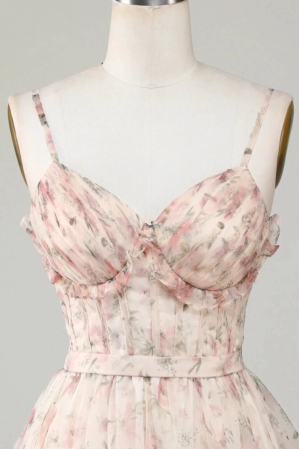 Champagne A-Line Corset Floral Short Homecoming Dress with Lace Up Back (ZD11534)