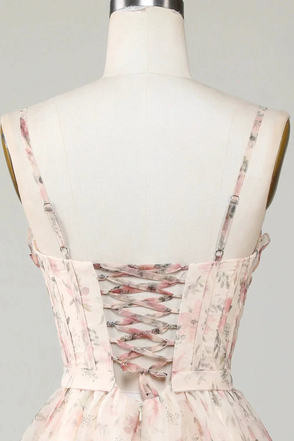 Champagne A-Line Corset Floral Short Homecoming Dress with Lace Up Back (ZD11534)