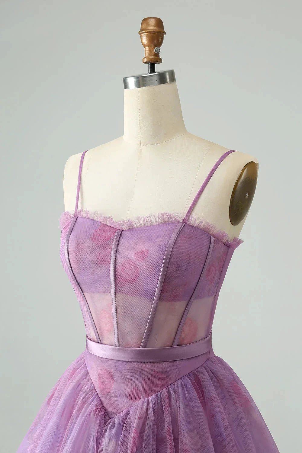 Cute Purple A Line Spaghetti Straps Print Corset Short Homecoming Dress (ZD11439)