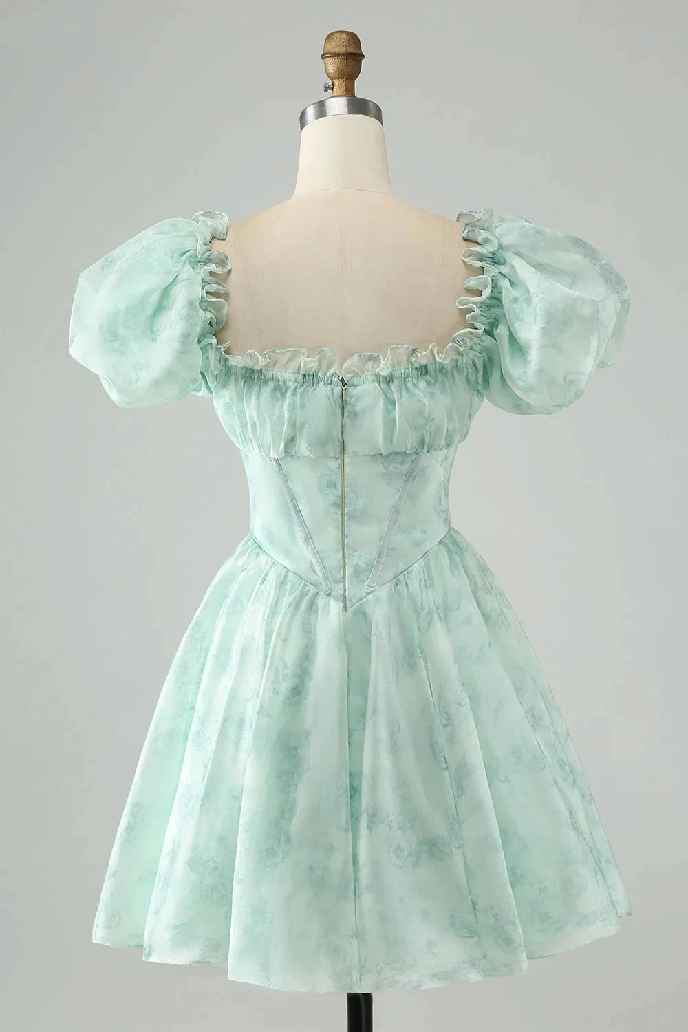 Cute Light Green A Line Square Neck Floral Short Homecoming Dress with Ruffles (ZD11452)