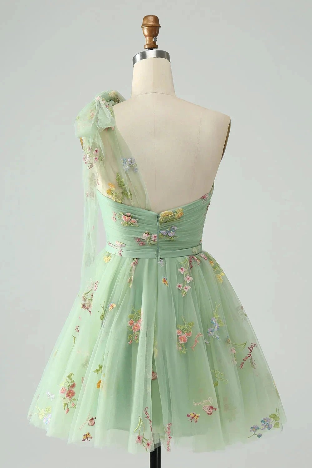 A Line One Shoulder Grey Blue Tulle Homecoming Dress with Floral Embroidery (ZD11606)