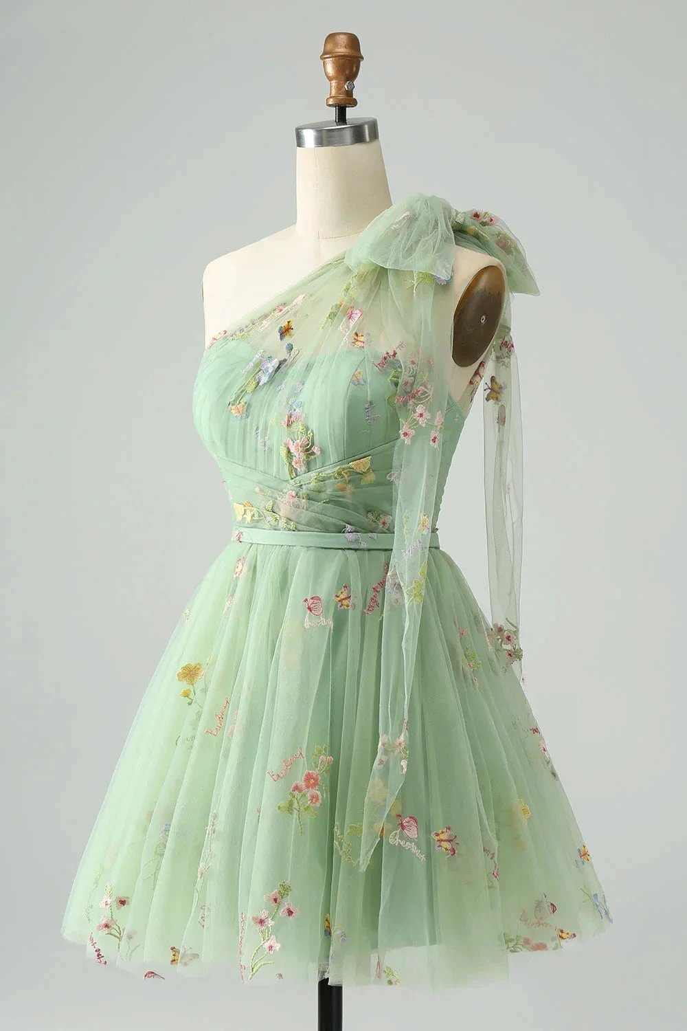 A Line One Shoulder Grey Blue Tulle Homecoming Dress with Floral Embroidery (ZD11606)