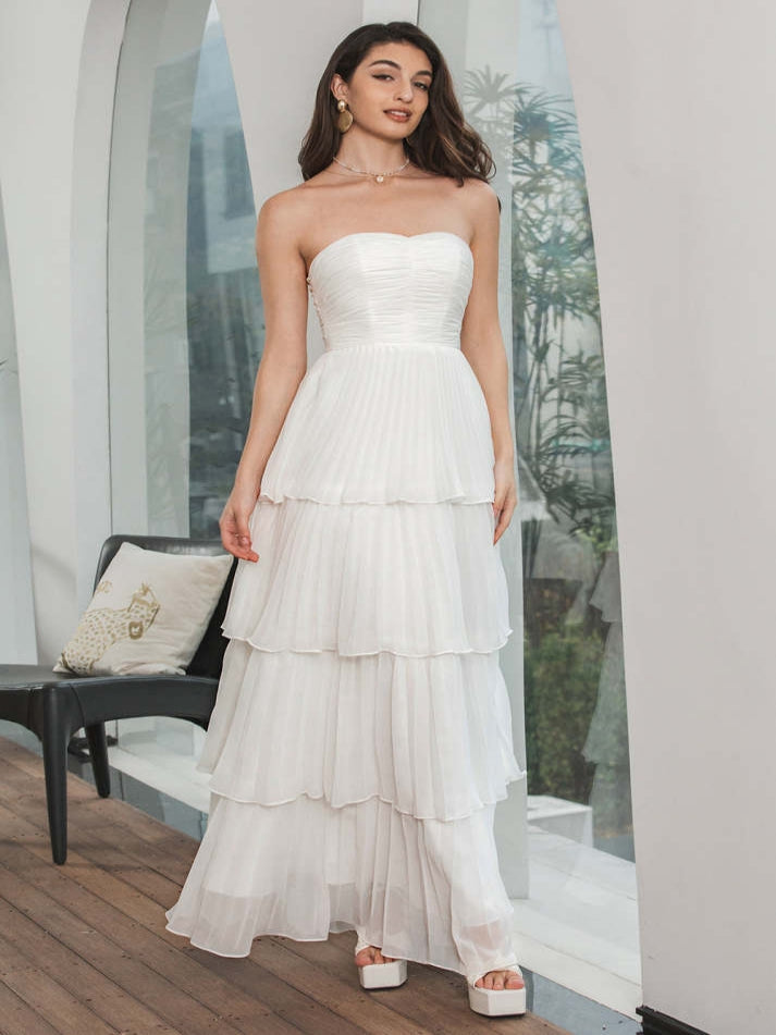 Simple White Pleated Tiered Engagement Chiffon Wedding Dress
