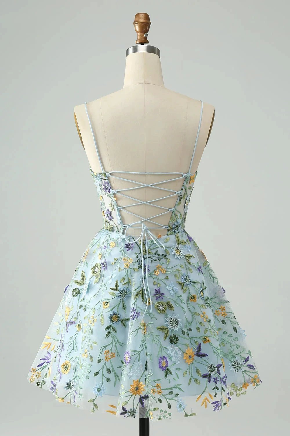 Blue Flower A Line Spaghetti Straps Corset Short Homecoming Dress with Embroidery (ZD11551)
