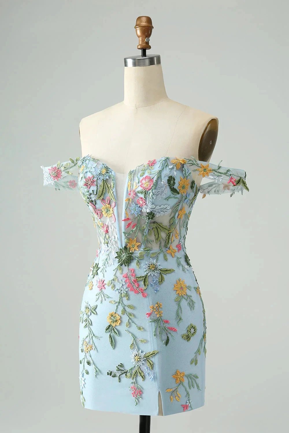 Blue Flower Mermaid Off The Shoulder Corset Short Homecoming Dress with Embroidery (ZD11550)