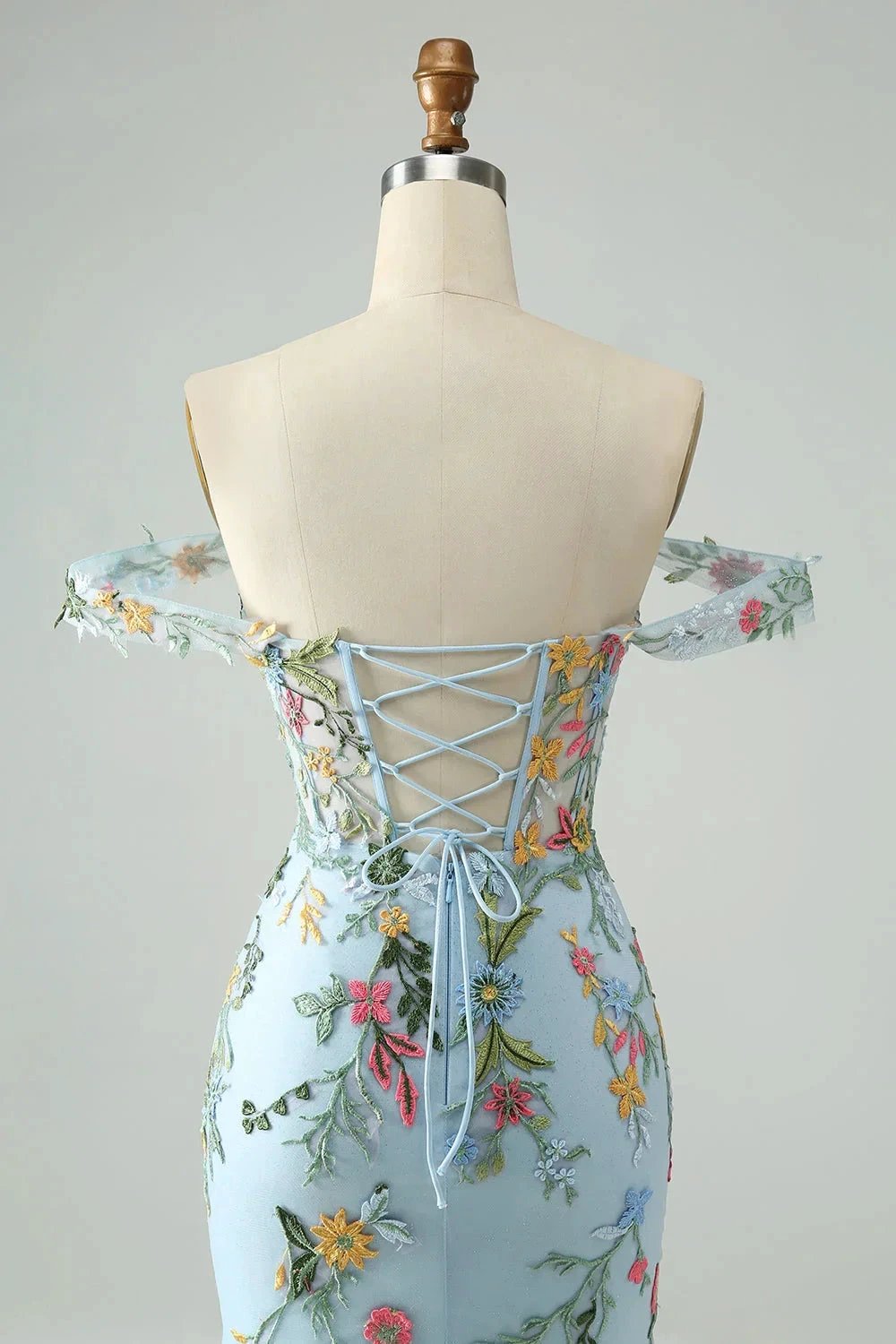 Blue Flower Mermaid Off The Shoulder Corset Short Homecoming Dress with Embroidery (ZD11550)