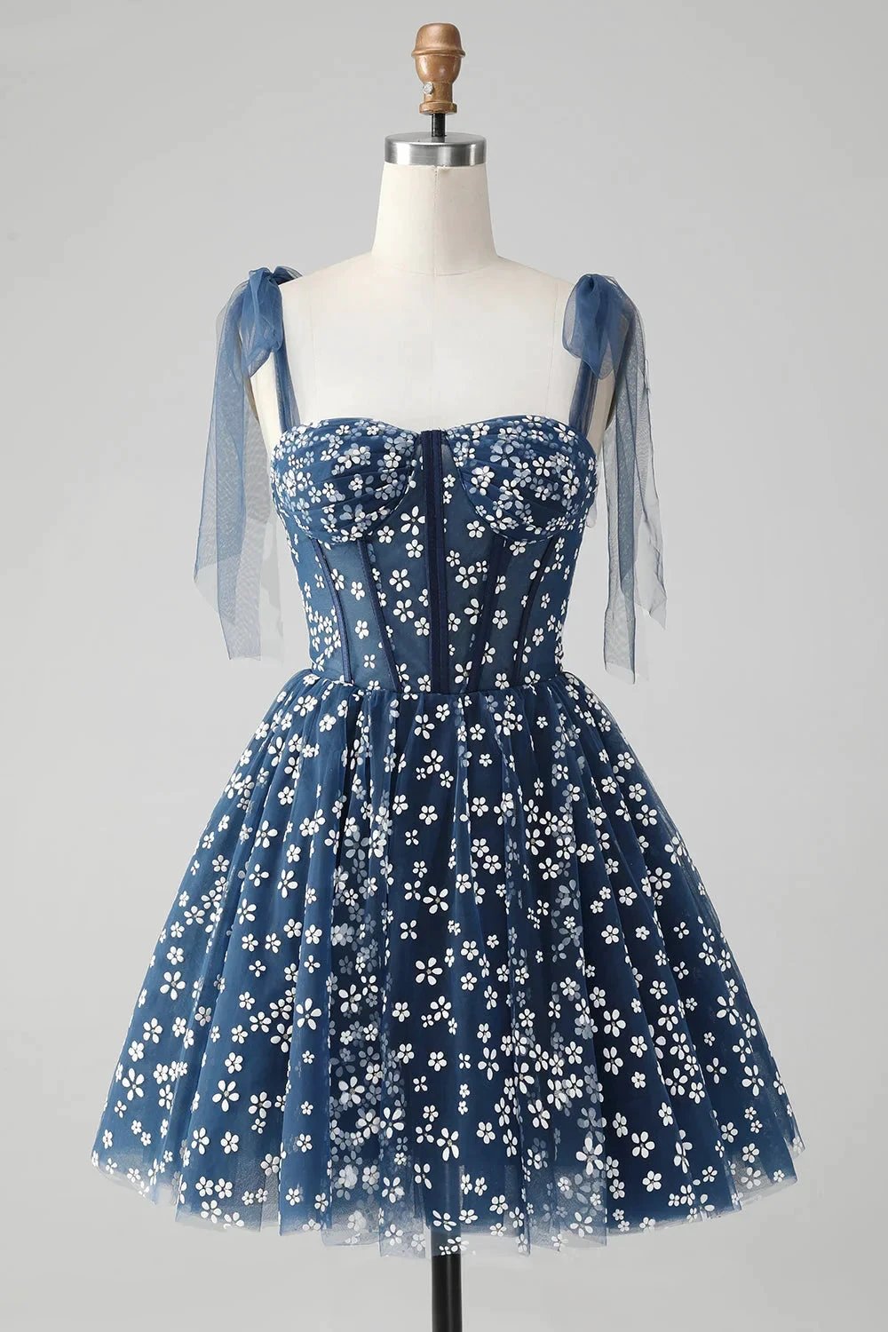 Cute A Line Spaghetti Straps Print Corset Navy Short Homecoming Dress (ZD11488) - VelvetHem