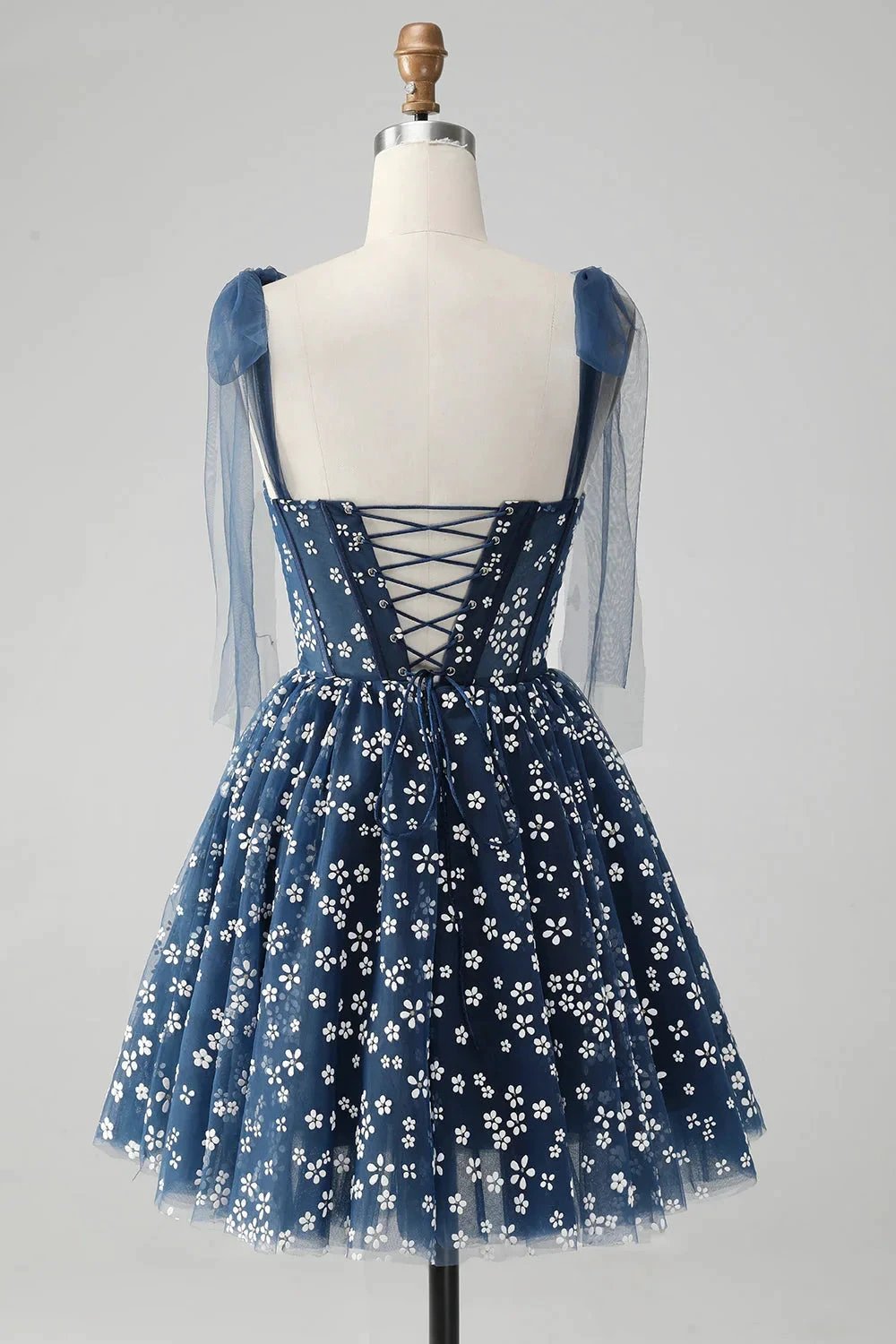 Cute A Line Spaghetti Straps Print Corset Navy Short Homecoming Dress (ZD11488)