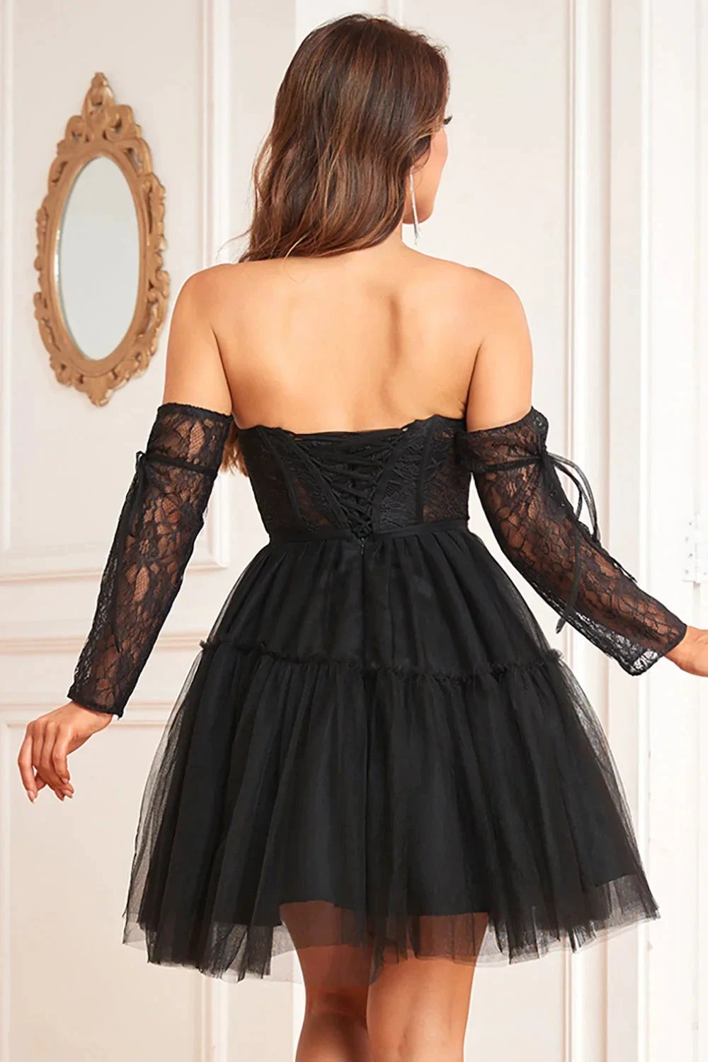 Black A-Line Corset Detachable Long Sleeves Homecoming Dress (ZD11568)
