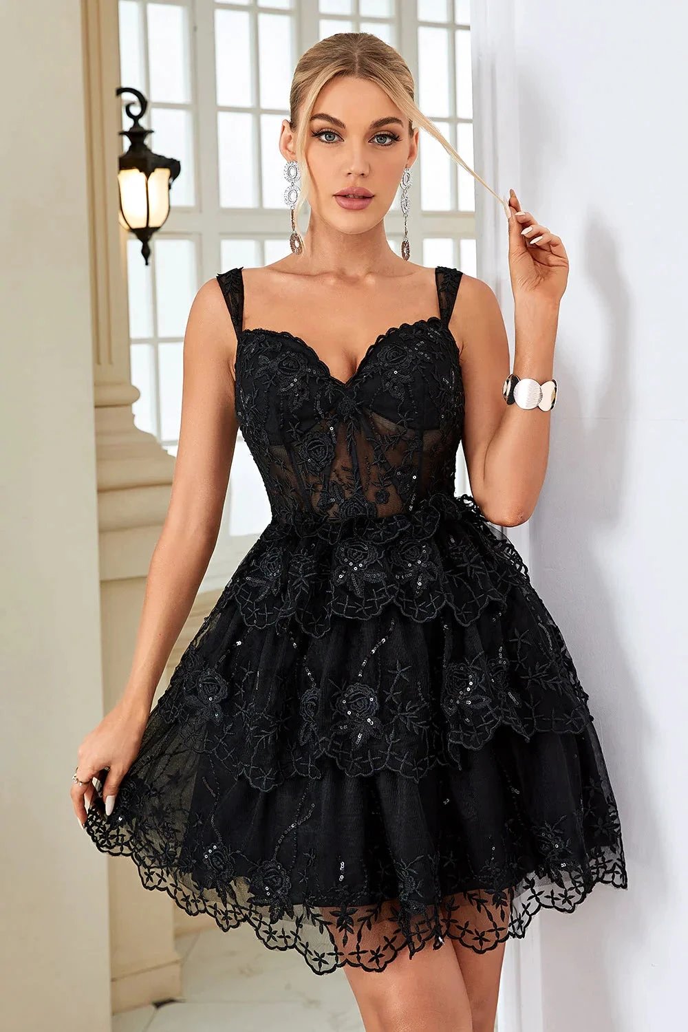 Cute A Line Corset Tiered Short Dark Blue Homecoming Dress with Lace (ZD11491)