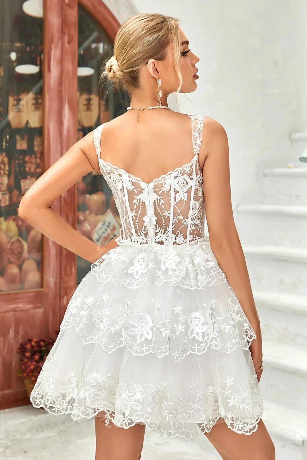 Cute A Line Corset Tiered Short Dark Blue Homecoming Dress with Lace (ZD11491)