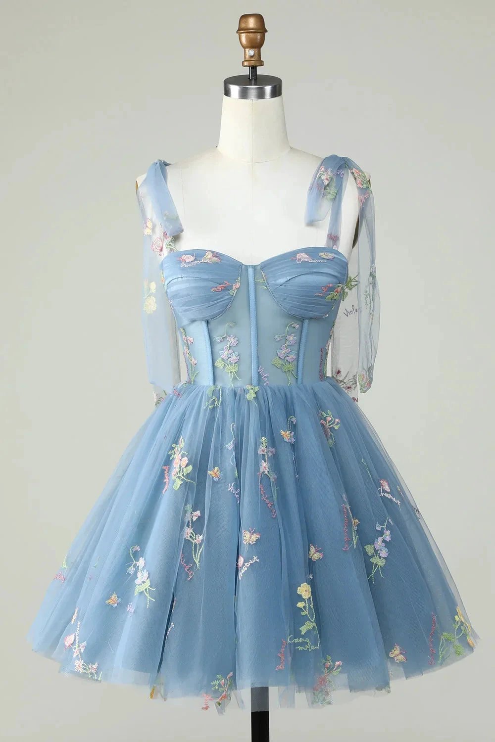 Cute Grey Blue A Line Spaghetti Straps Short Homecoming Dress with Appliques by WEDTREND