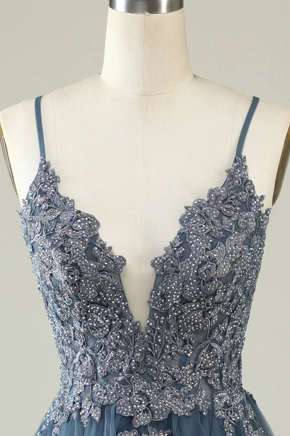 A Line Spaghetti Straps Grey Blue Short Homecoming Dress with Appliques (ZD11595)