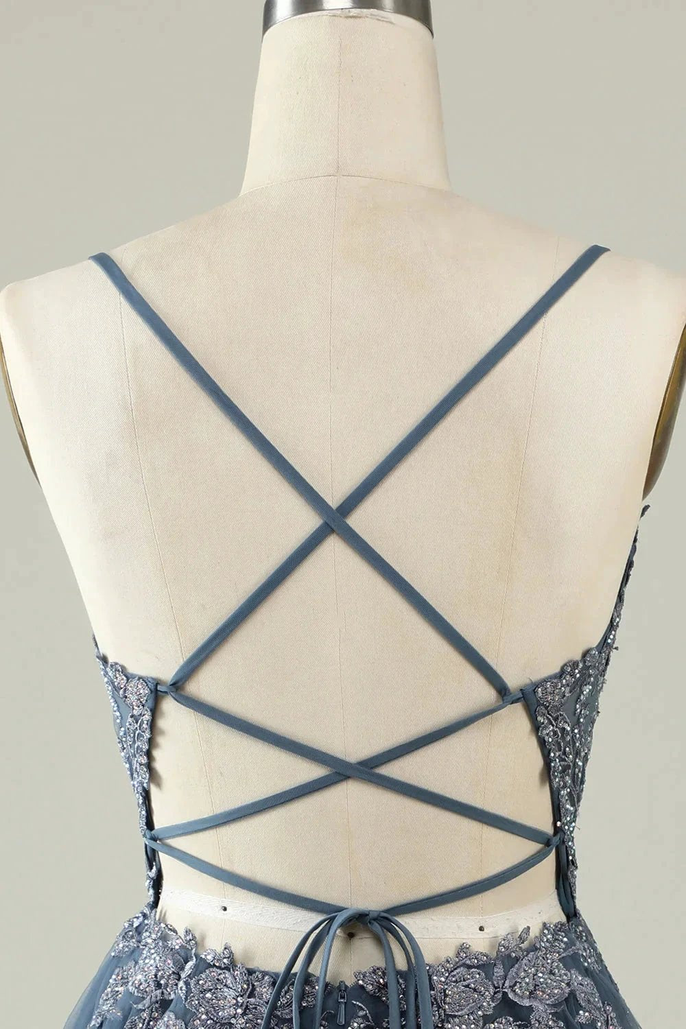 A Line Spaghetti Straps Grey Blue Short Homecoming Dress with Appliques (ZD11595)
