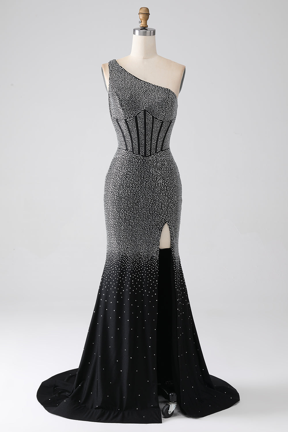 Black Sparkly Mermaid One Shoulder Keyhole Back Long Beaded Prom Dress