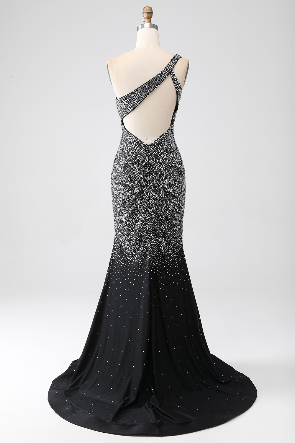 Black Sparkly Mermaid One Shoulder Keyhole Back Long Beaded Prom Dress