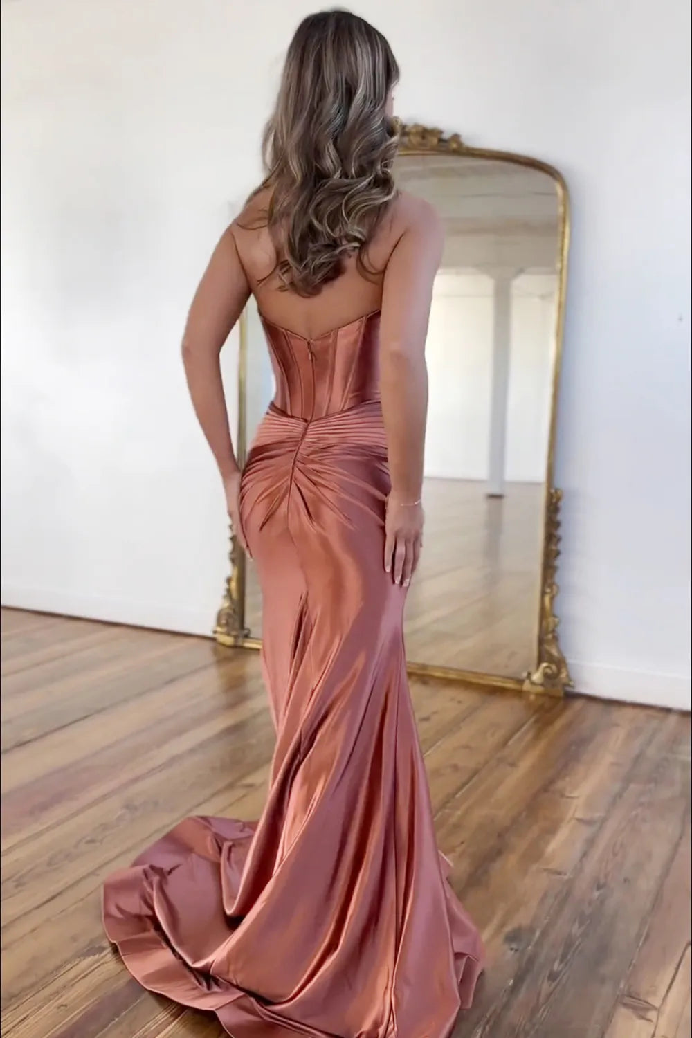 Satin Mermaid Strapless Long Prom Dress With Split - View 9 | VelvetHem