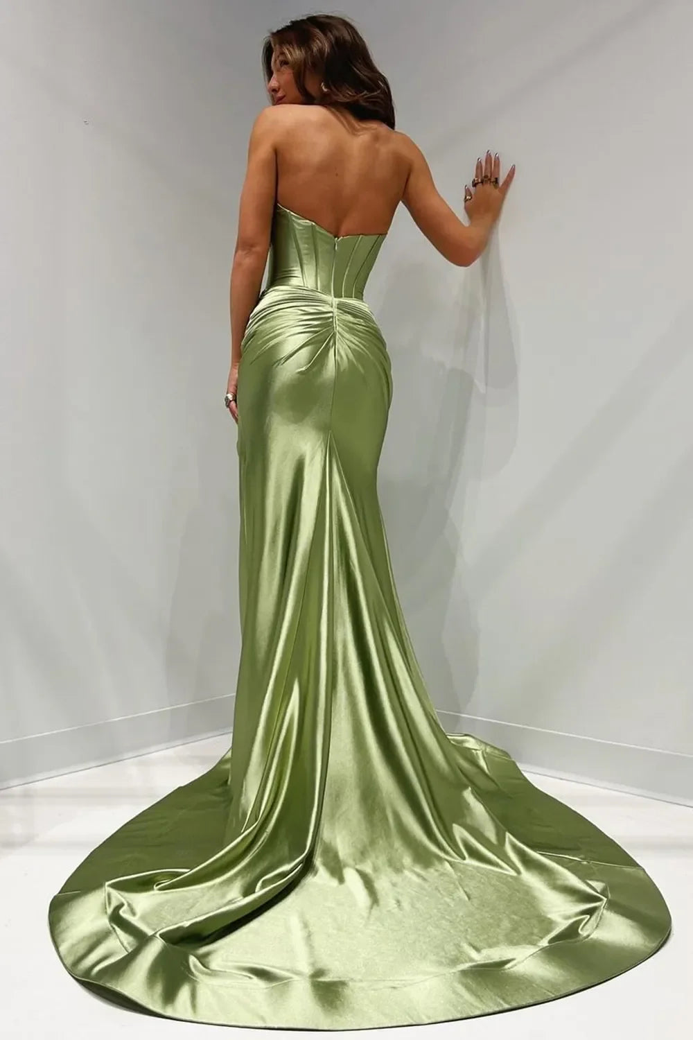 Satin Mermaid Strapless Long Prom Dress With Split - View 15 | VelvetHem