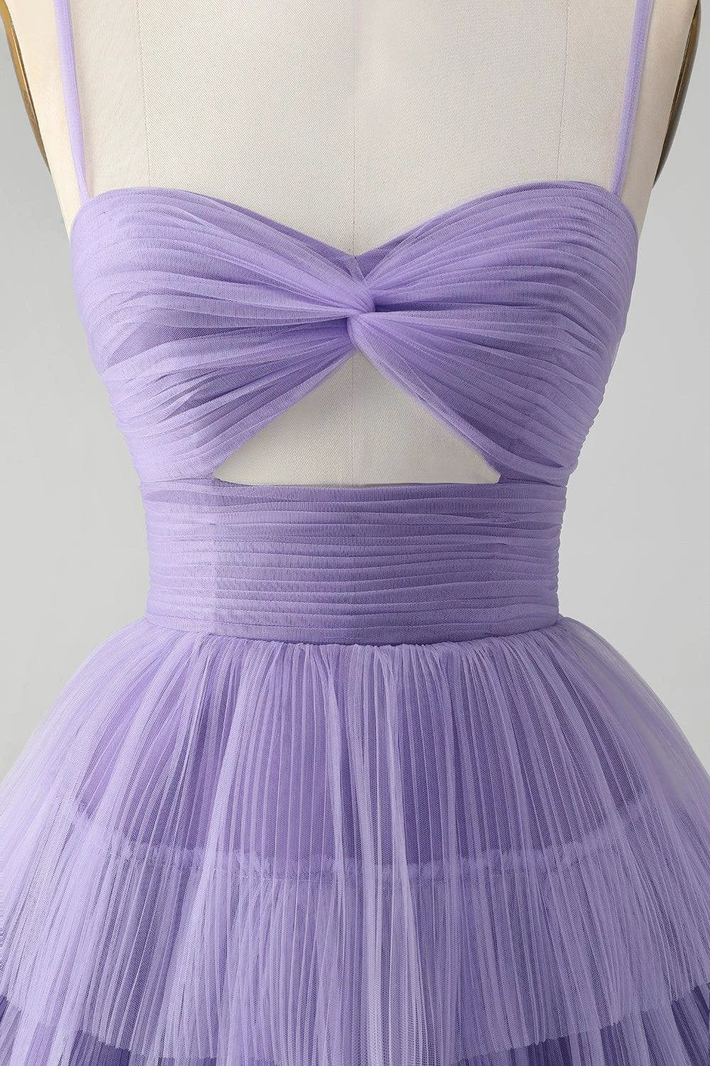 Cute Purple A Line Spaghetti Straps Short Tiered Homecoming Dress with Hollow Out (ZD11438)