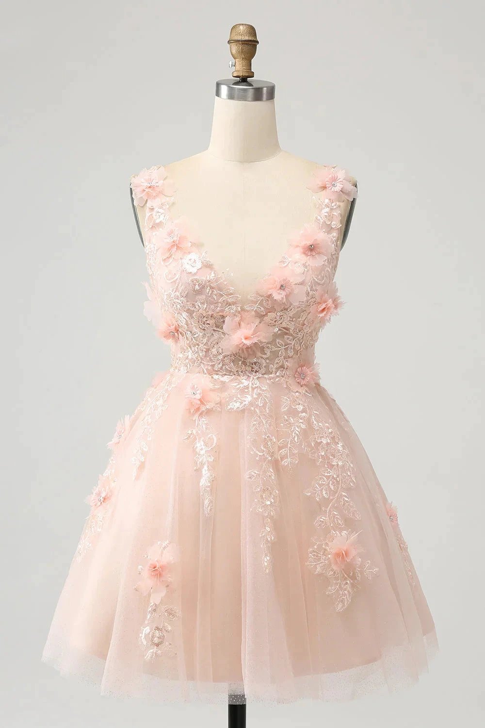 Cute Blush A Line V Neck Sequin Corset Short Homecoming Dress with Appliques (ZD11472) - VelvetHem