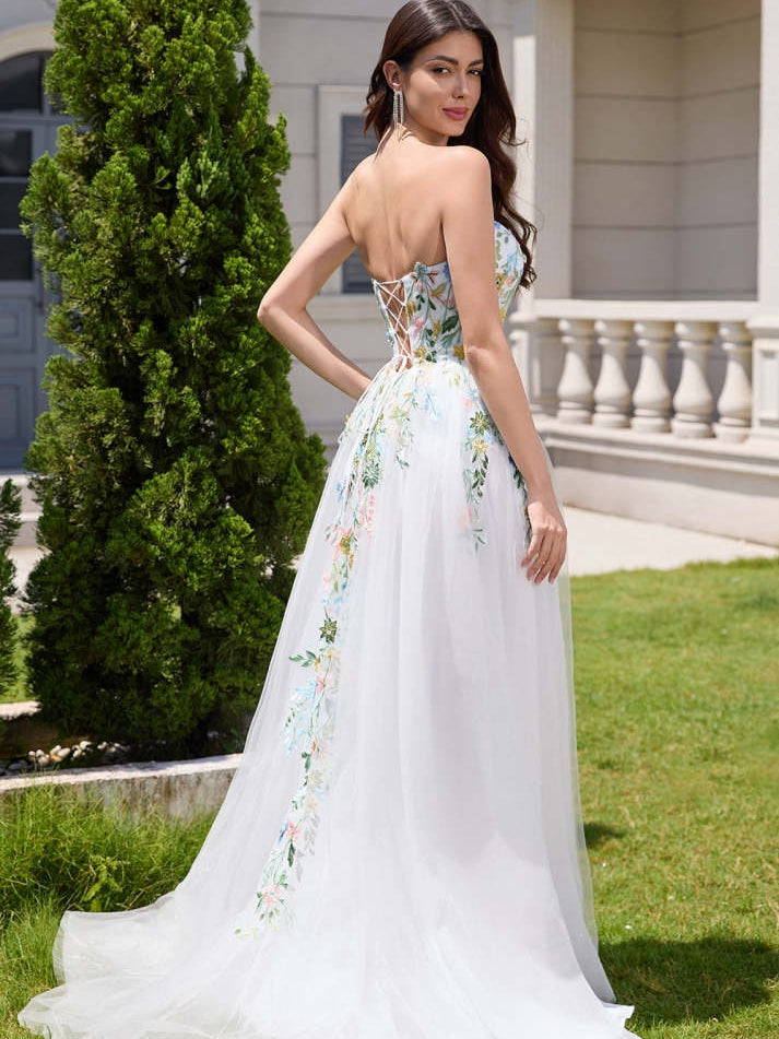 Fairy White A Line Strapless 3D Flowers Tulle Wedding Dress with Slit