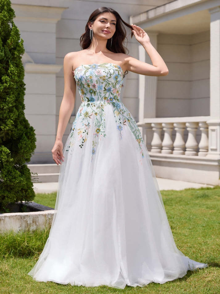Fairy White A Line Strapless 3D Flowers Tulle Wedding Dress with Slit