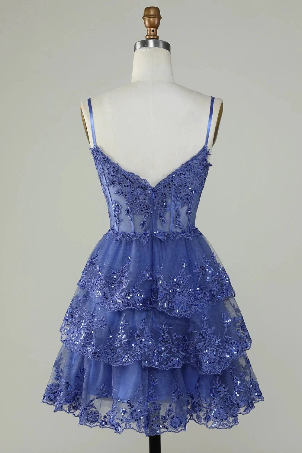 Cute Black A Line Sparkly Sequin Tiered Corset Short Homecoming Dress (ZD11484)