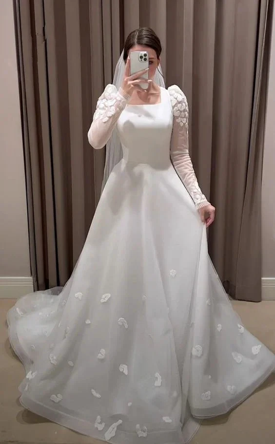 Modest White A-line Long Sleeves Wedding Dress,White Bridal Dress Y6729 by simplepromdress