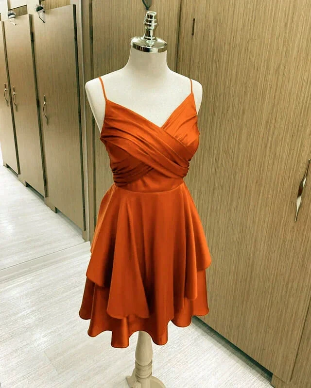 Short Burnt Orange Satin Cocktail Dresses V-neck Semi Formal Dress,Homecoming Dress Y1457 by simplepromdress