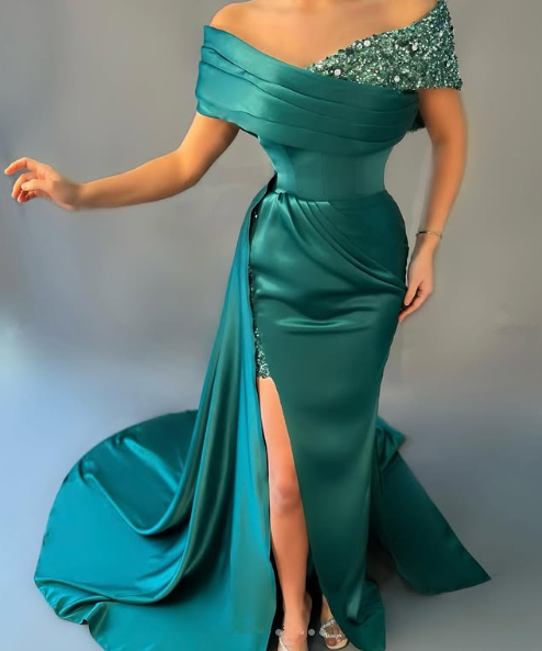 Unique Green Off Shoulder Satin Sequins Prom Dress,Mermaid Slit Party Evening Dress - VelvetHem