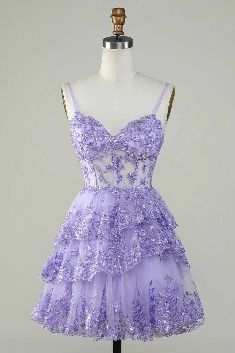 Straps Lavender Sequins Corset Layered Homecoming Dress Y2907 by simplepromdress
