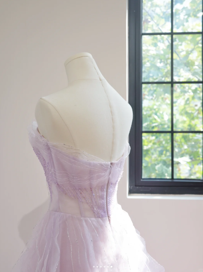 Classy Strapless Lilac Beaded Tulle Ruffles Long Birthday Prom Dress Formal Party Dress - View 6 | VelvetHem